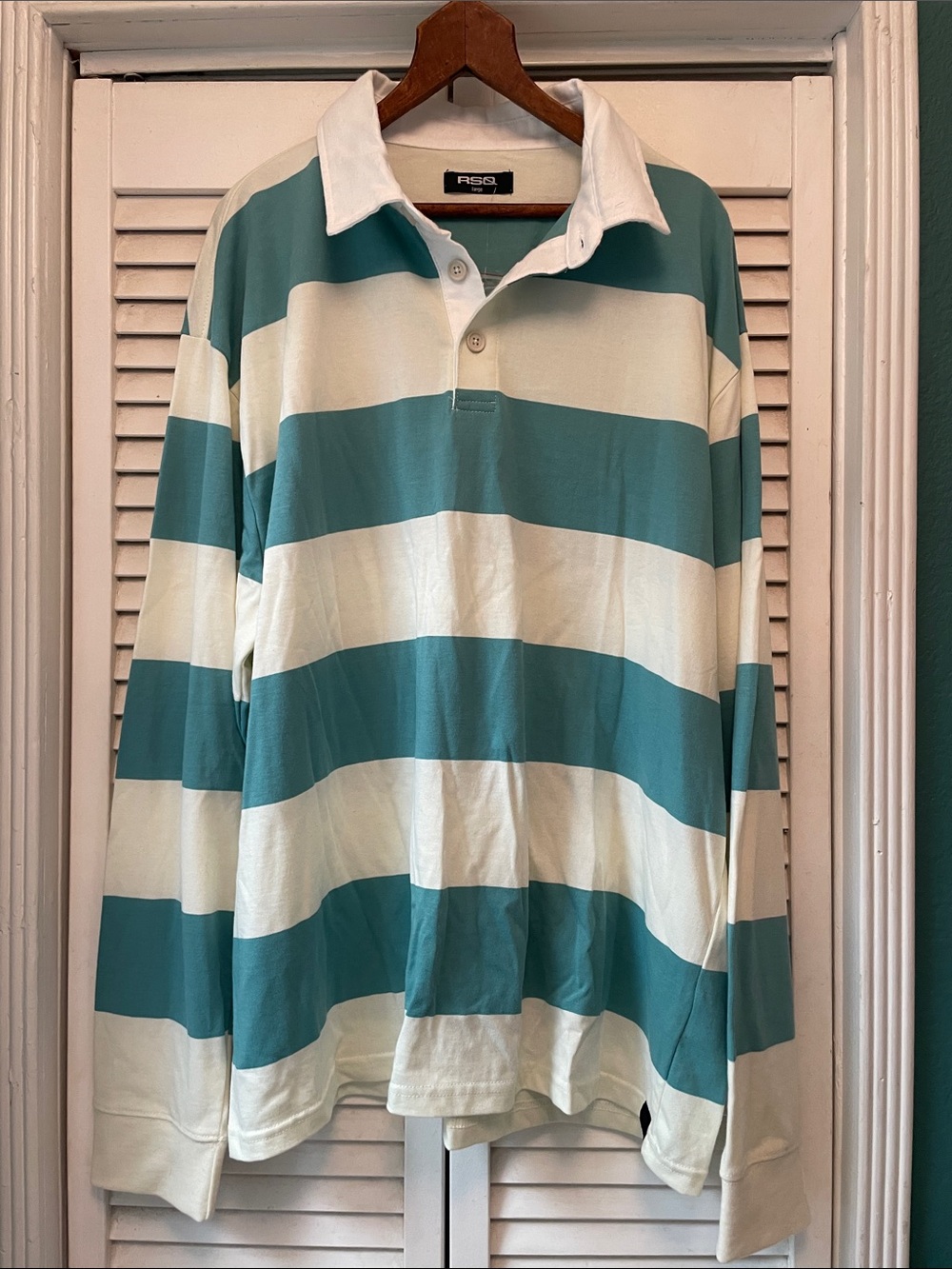 RSQ Teal and White Wide-Stripe Rugby Polo